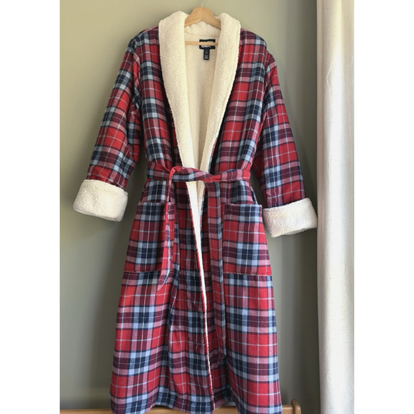 Lands' End Other - LANDS END Size Large 14-16 Red Plaid Cotton Flannel Sherpa Lined Bath Robe Cozy